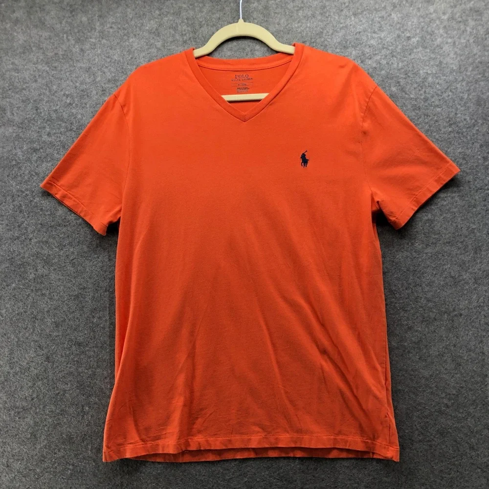 Polo Ralph Lauren V Neck T Shirt Mens Medium Orange Cotton Short Sleeve Classic